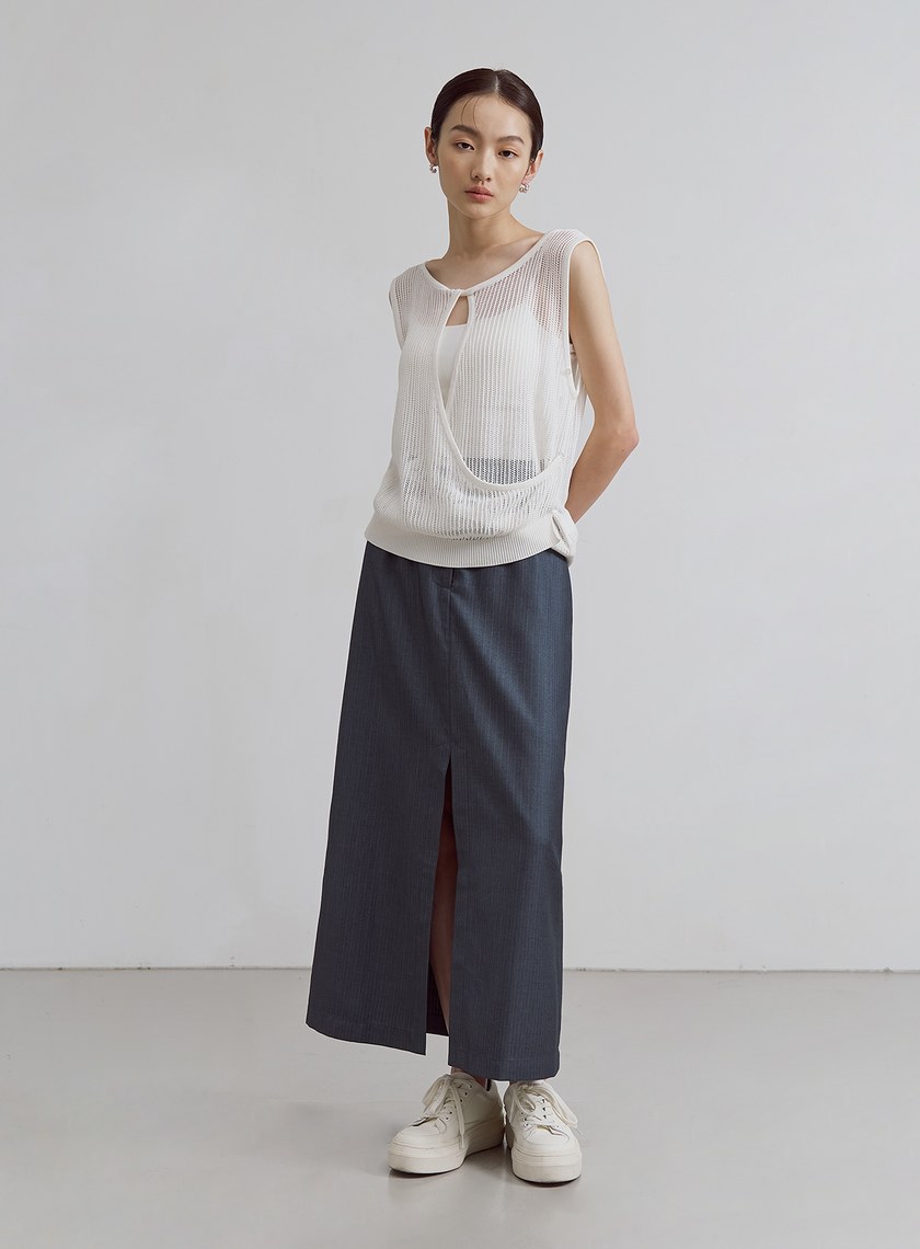 優雅細條紋開衩長裙