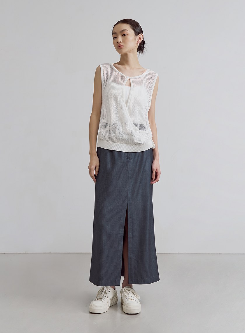 優雅細條紋開衩長裙