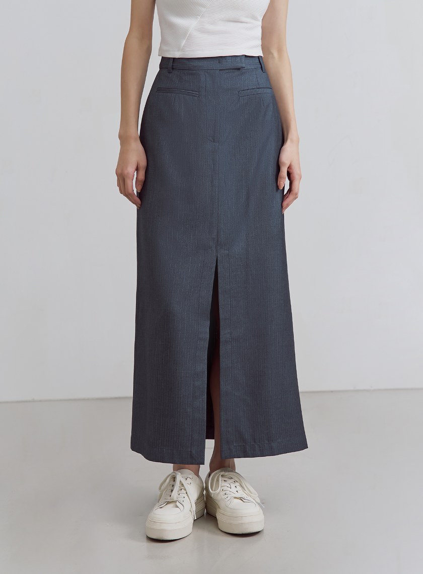 優雅細條紋開衩長裙