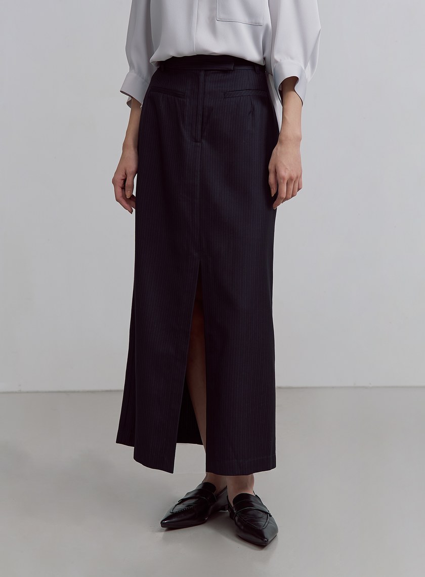 優雅細條紋開衩長裙