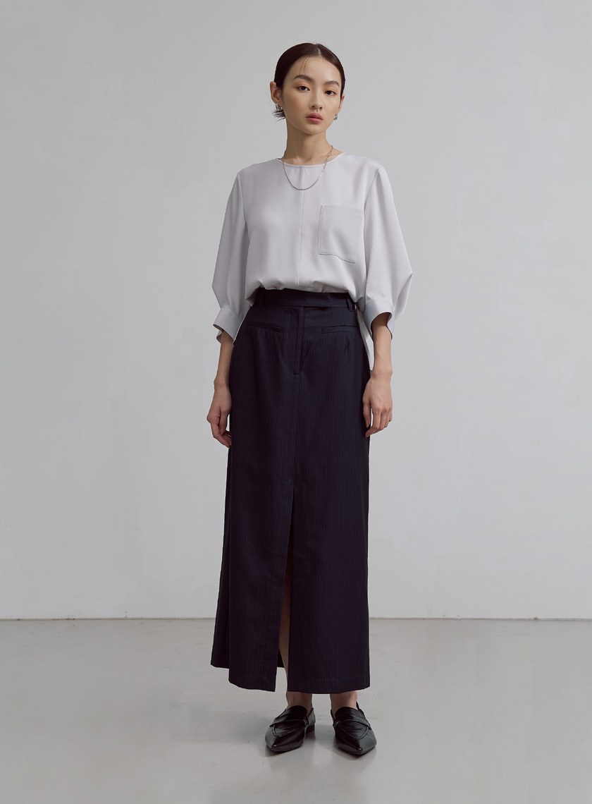 優雅細條紋開衩長裙