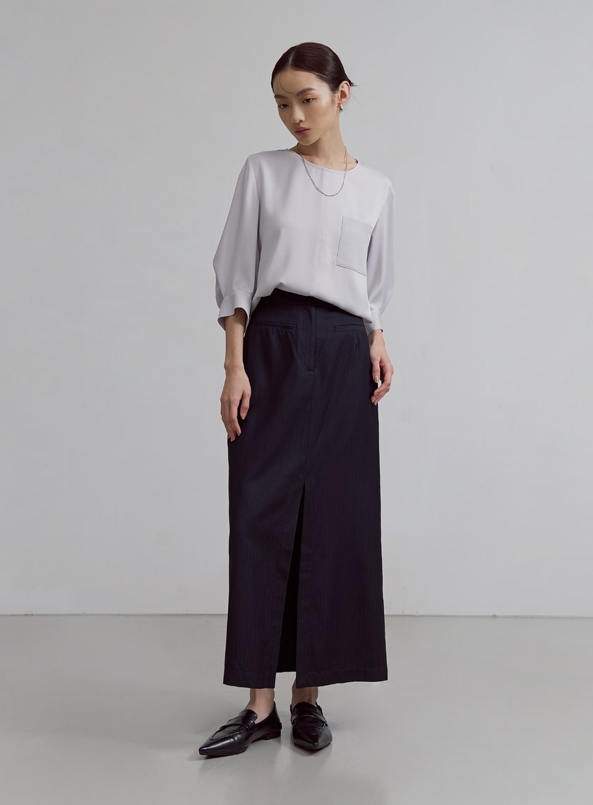 優雅細條紋開衩長裙