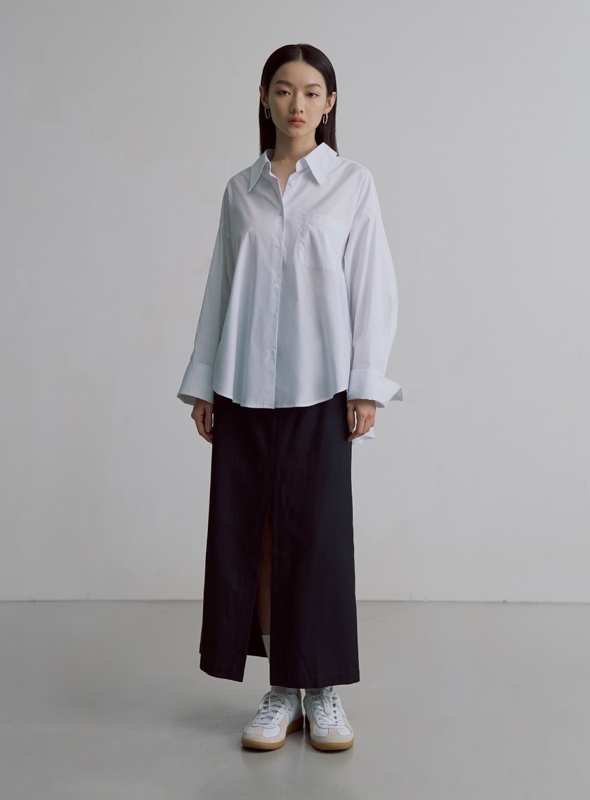 優雅細條紋開衩長裙