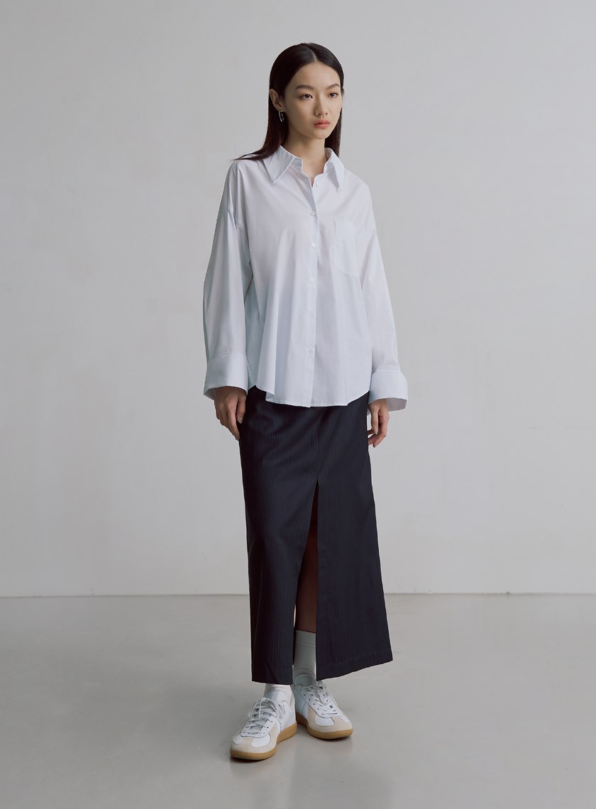 優雅細條紋開衩長裙