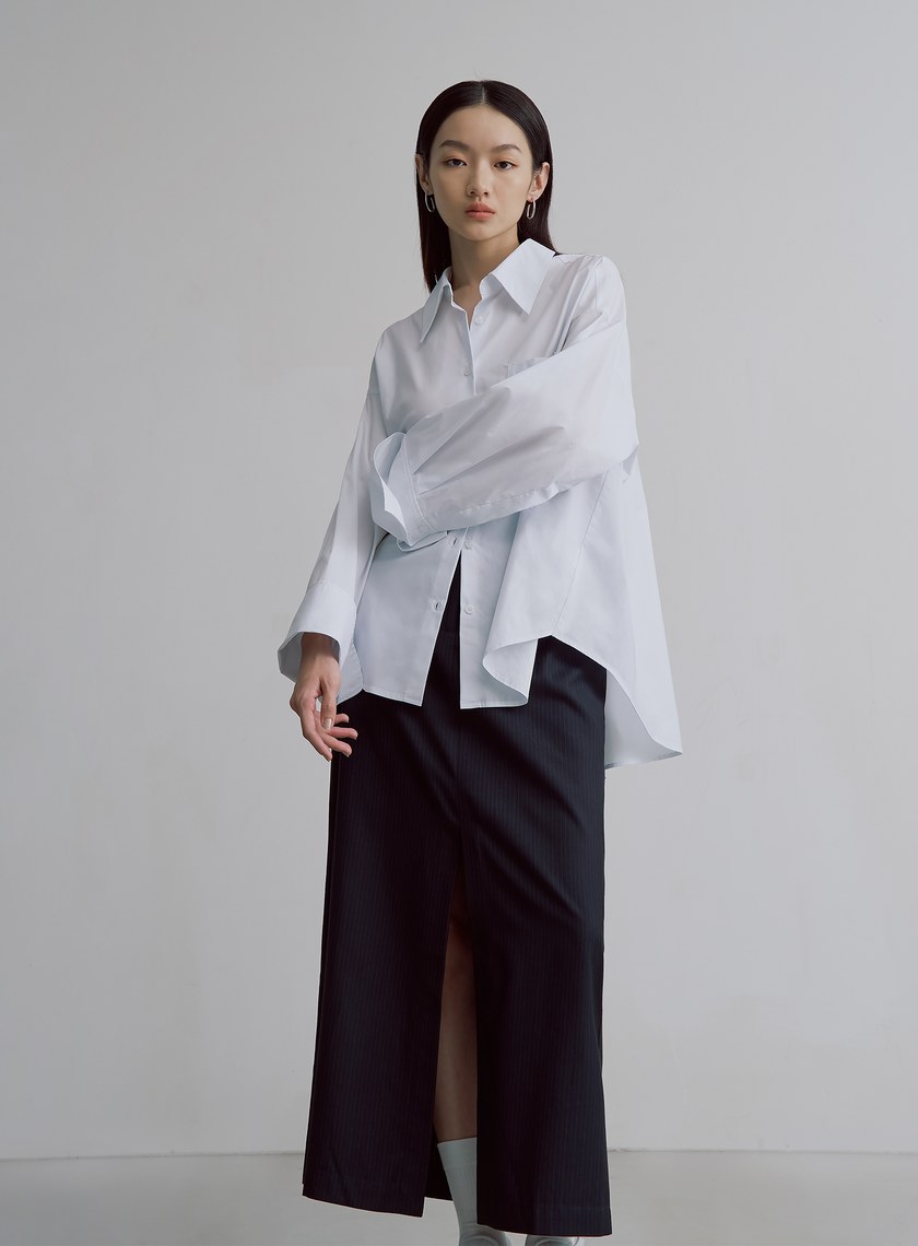 優雅細條紋開衩長裙