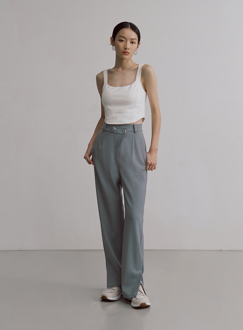 不對稱斜門襟垂順西裝褲