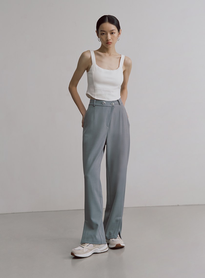 不對稱斜門襟垂順西裝褲