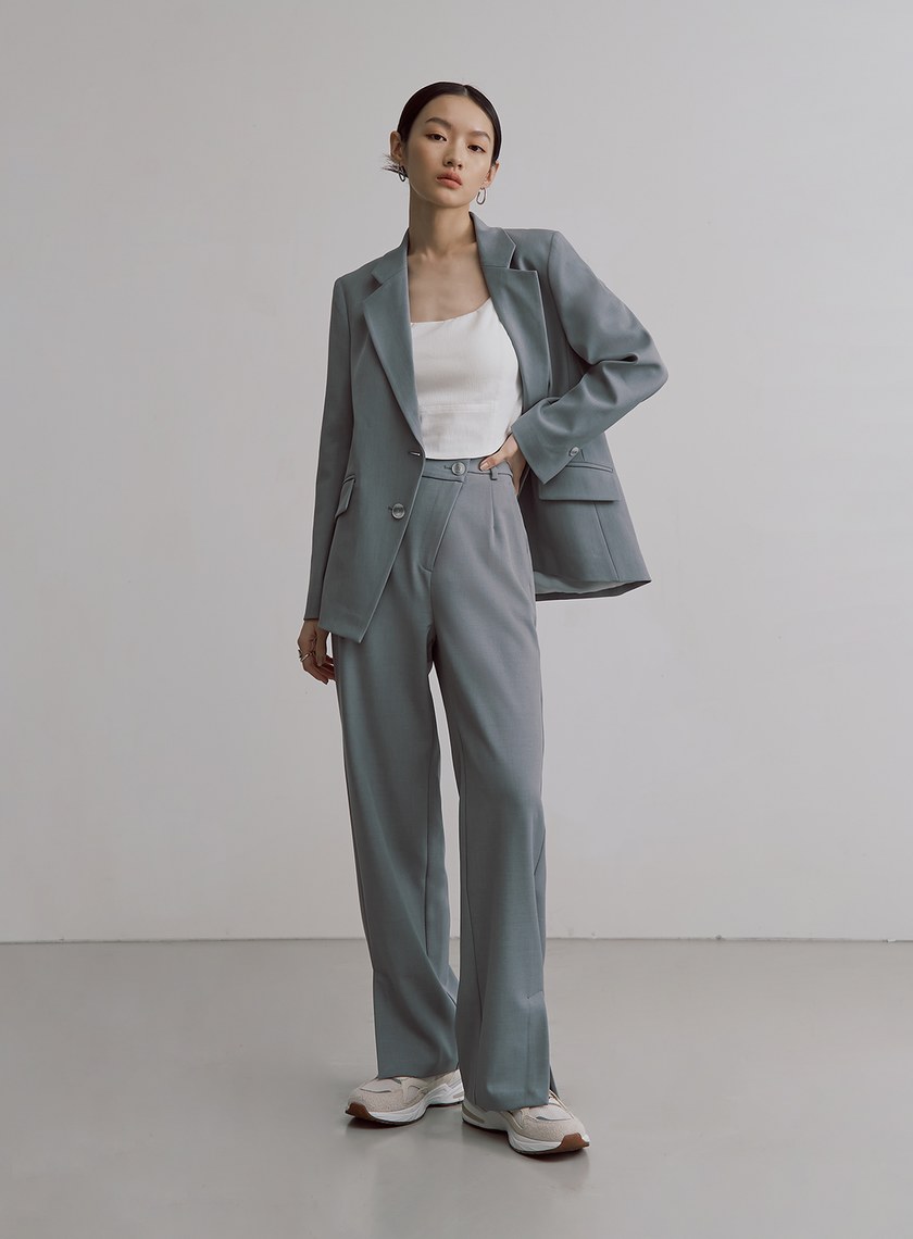 不對稱斜門襟垂順西裝褲