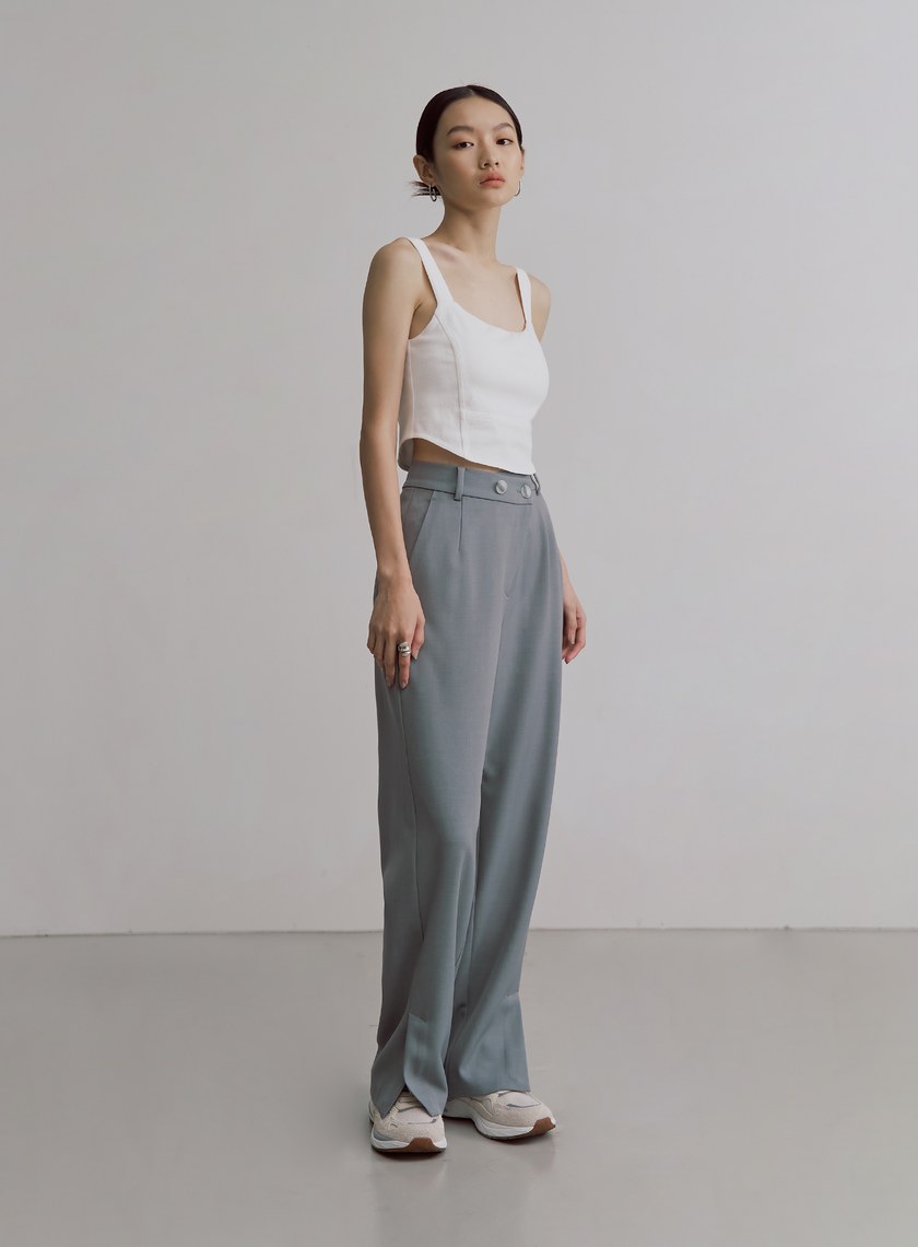 不對稱斜門襟垂順西裝褲