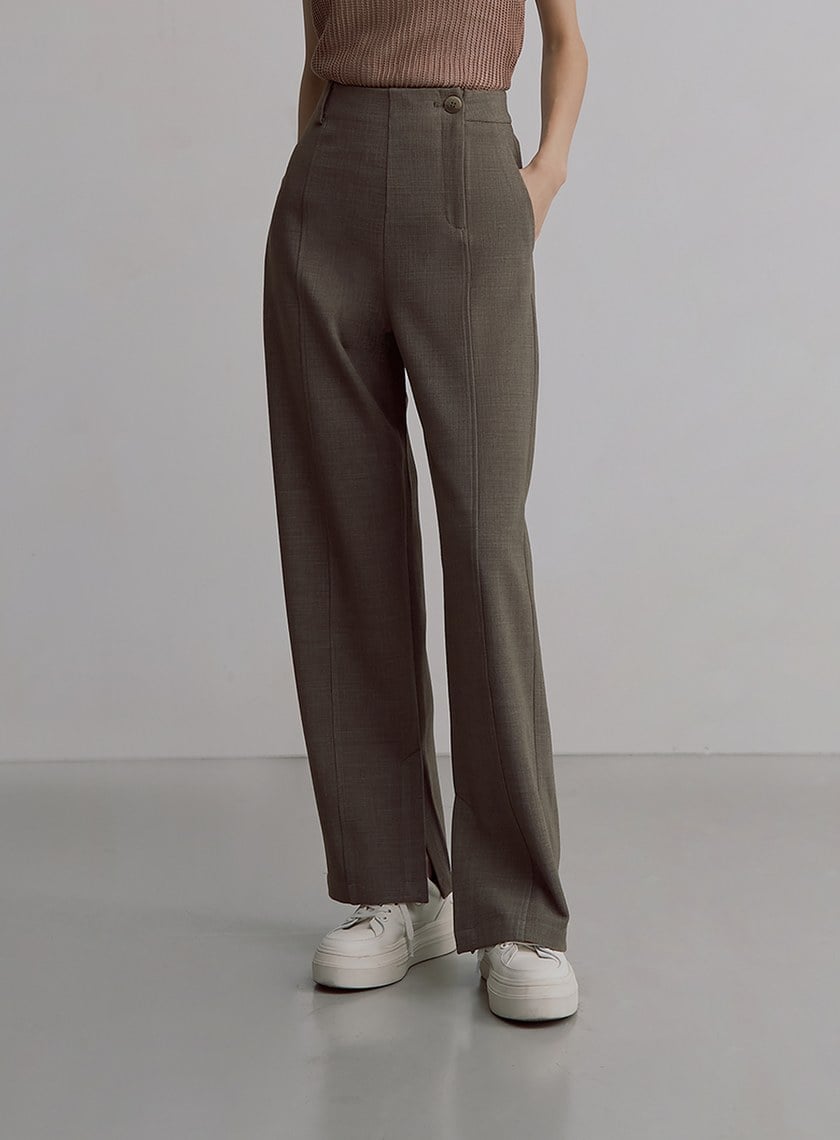 花呢格紋側門襟直筒長褲