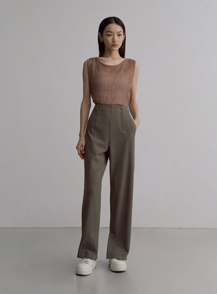 花呢格紋側門襟直筒長褲