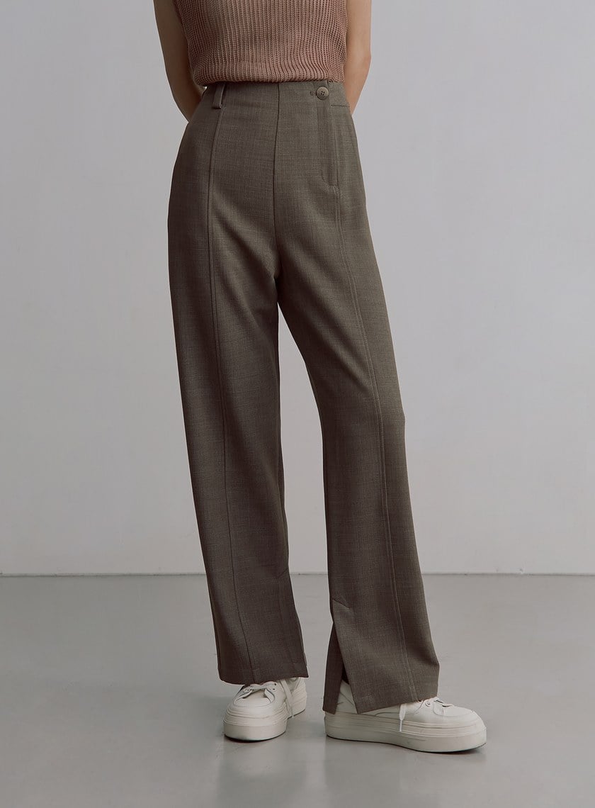 花呢格紋側門襟直筒長褲