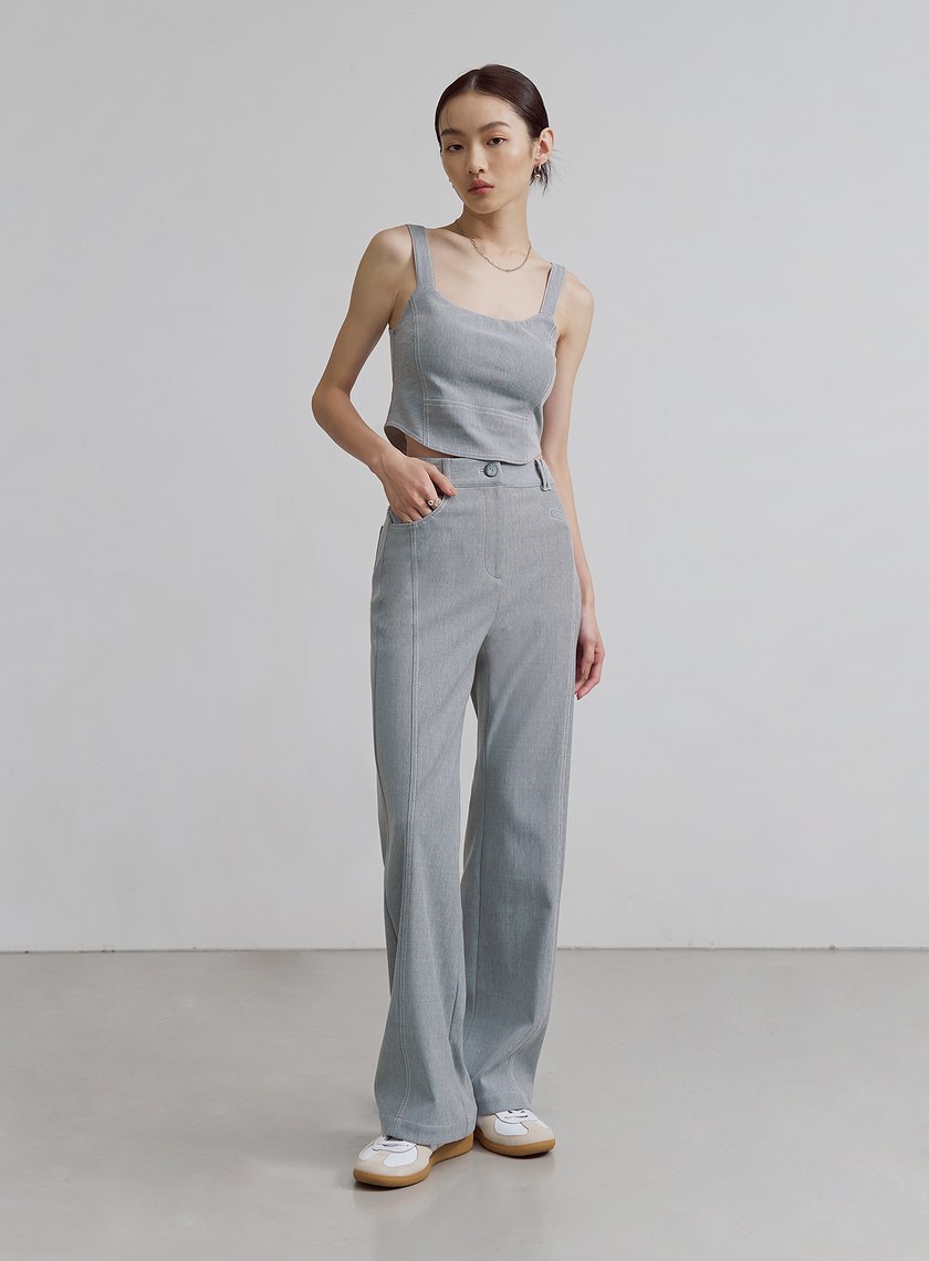 仿牛仔壓線彈性直筒褲