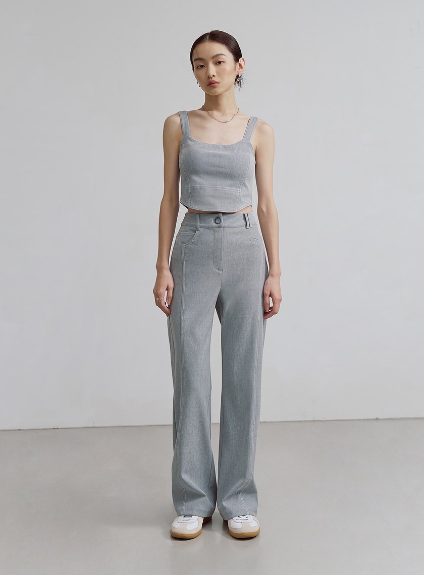 仿牛仔壓線彈性直筒褲