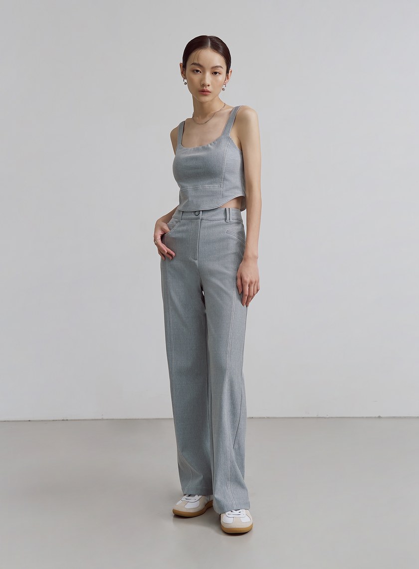 仿牛仔壓線彈性直筒褲