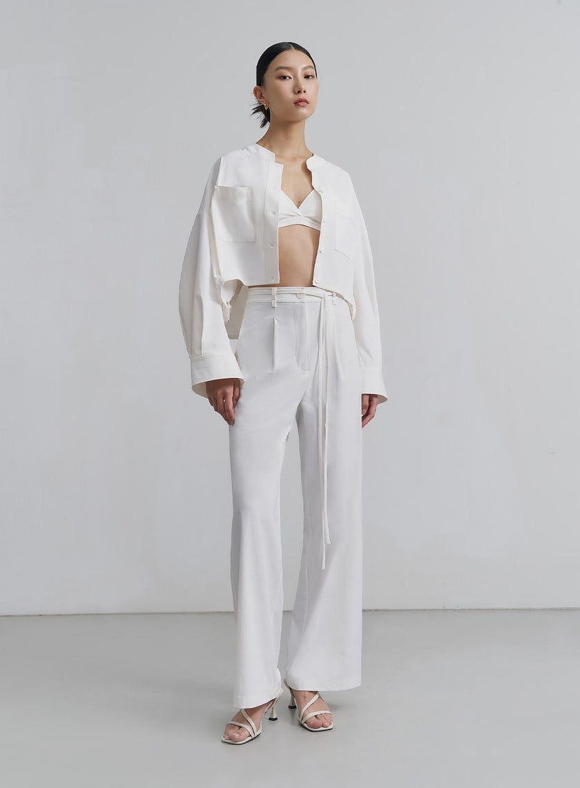 簡約挺闊綁帶落地寬褲