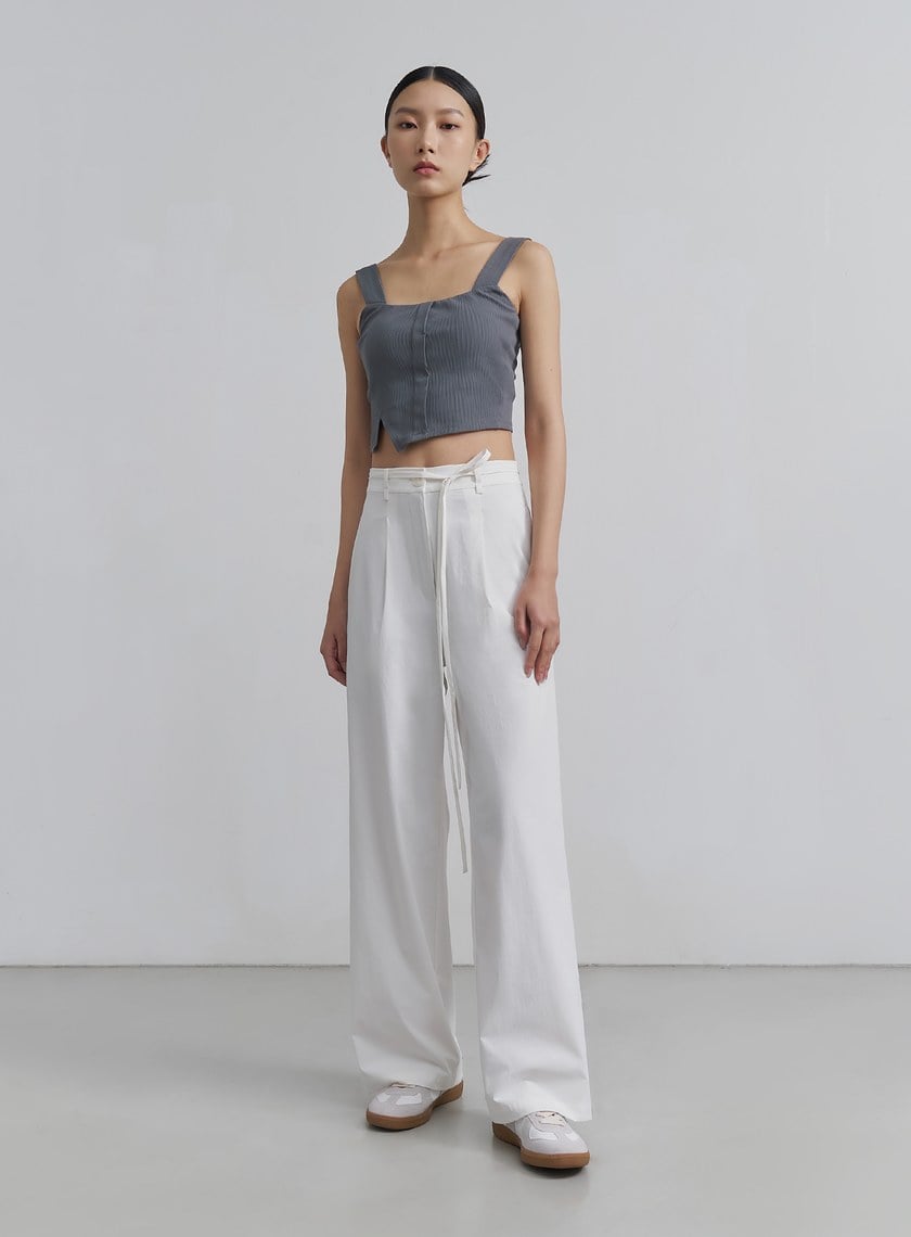 簡約挺闊綁帶落地寬褲