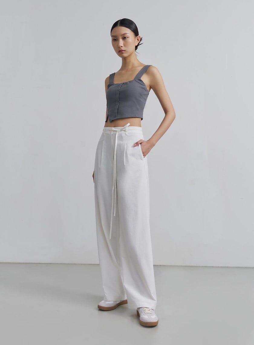 簡約挺闊綁帶落地寬褲