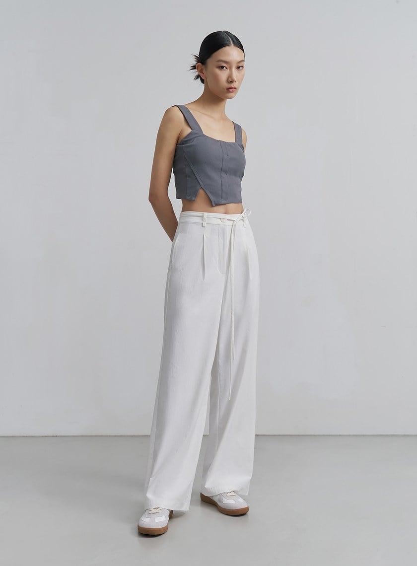 簡約挺闊綁帶落地寬褲