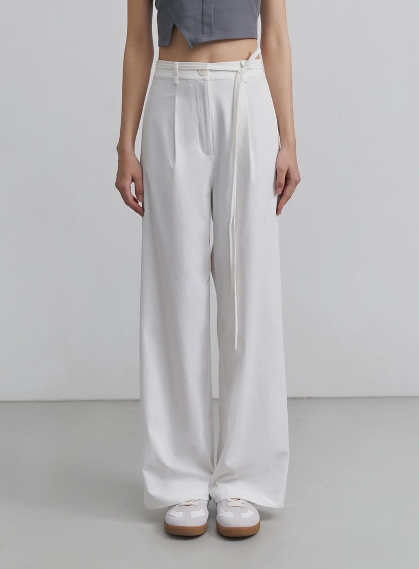 簡約挺闊綁帶落地寬褲