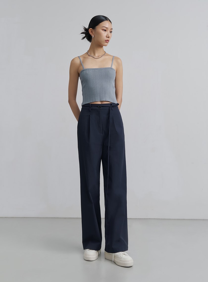 簡約挺闊綁帶落地寬褲