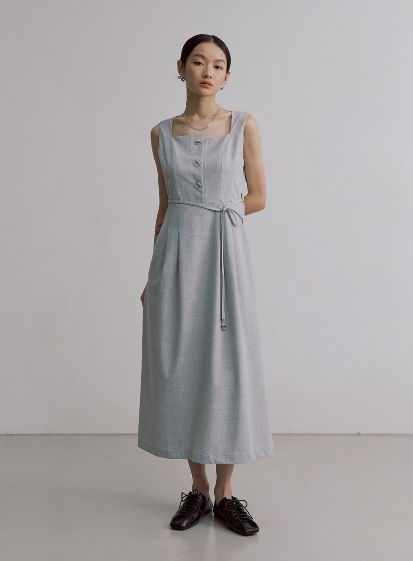 經典雙色織紋方領長洋裝