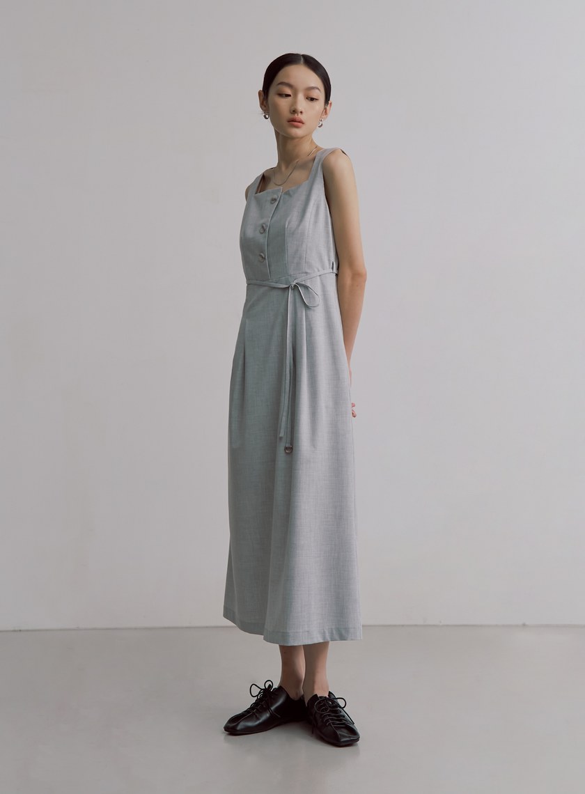 經典雙色織紋方領長洋裝