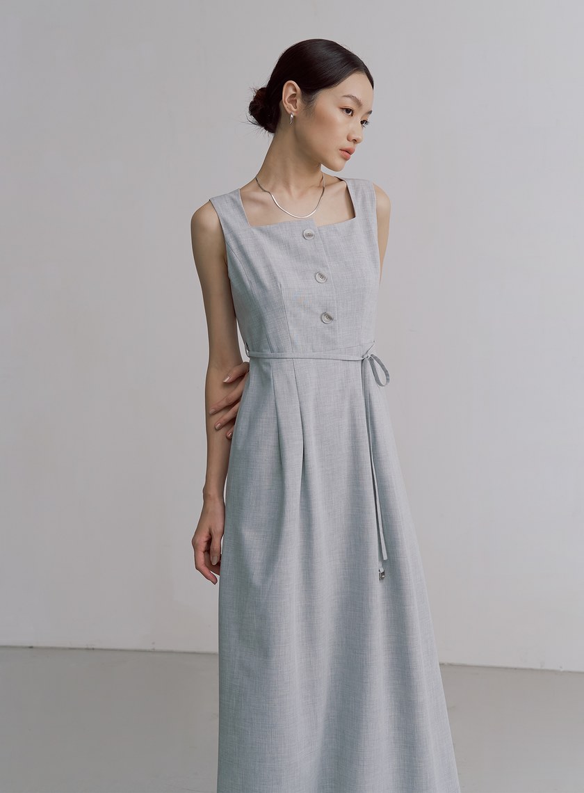 經典雙色織紋方領長洋裝