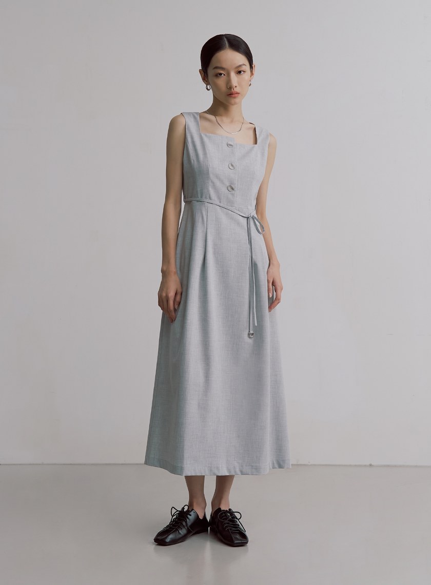 經典雙色織紋方領長洋裝