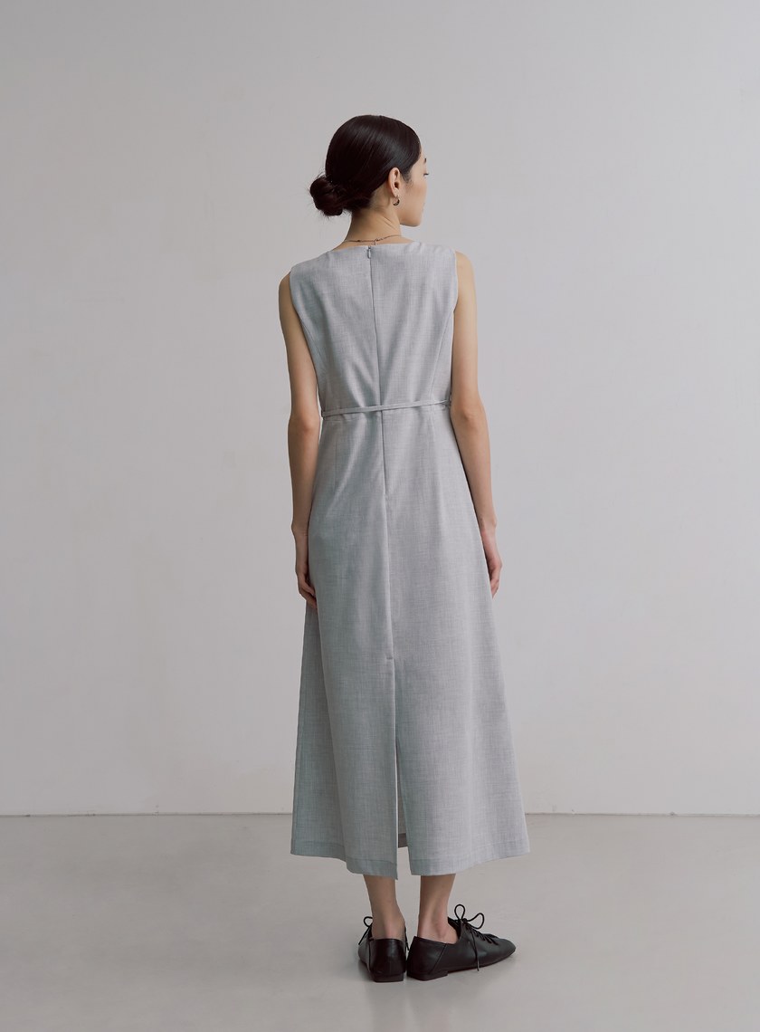 經典雙色織紋方領長洋裝