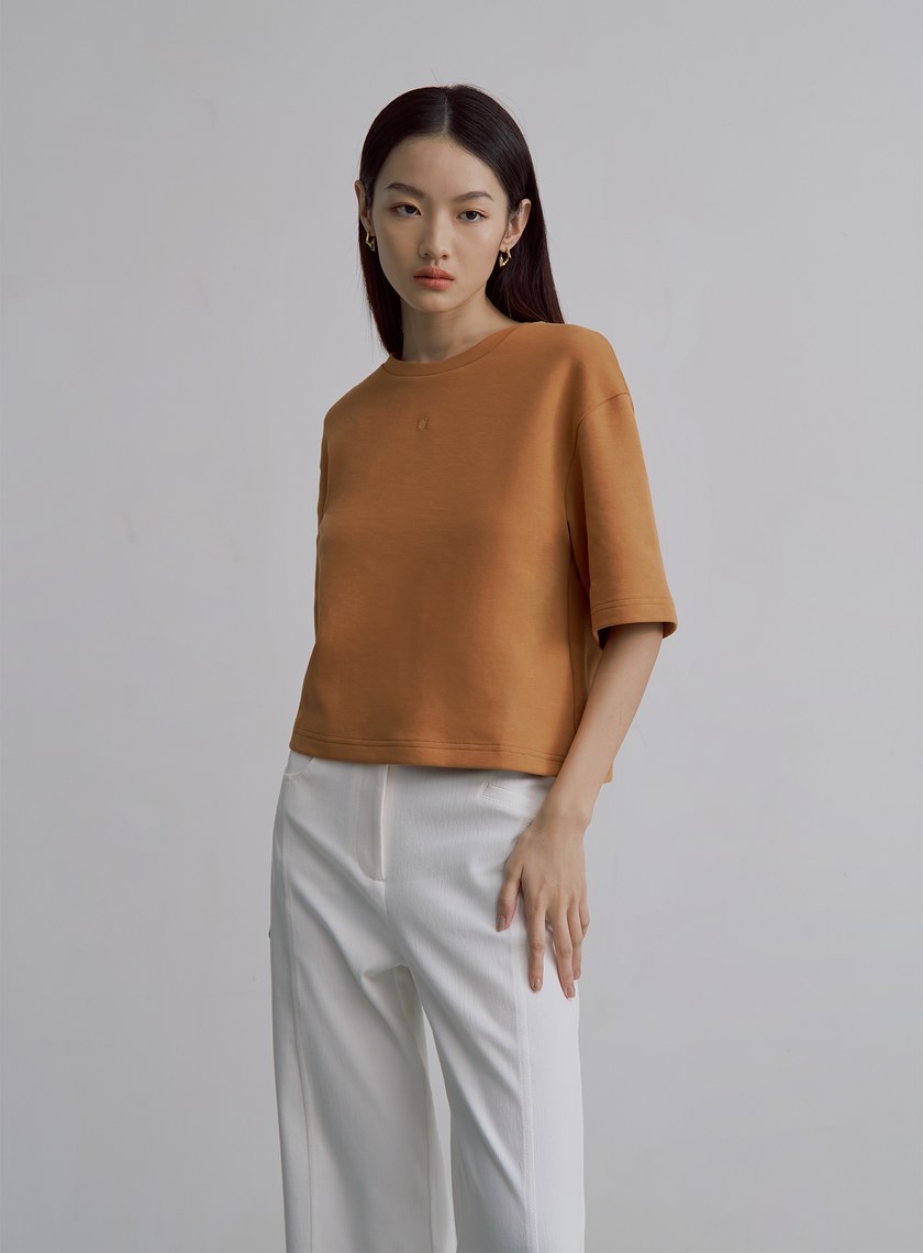 簡約棉質圓領五分袖上衣