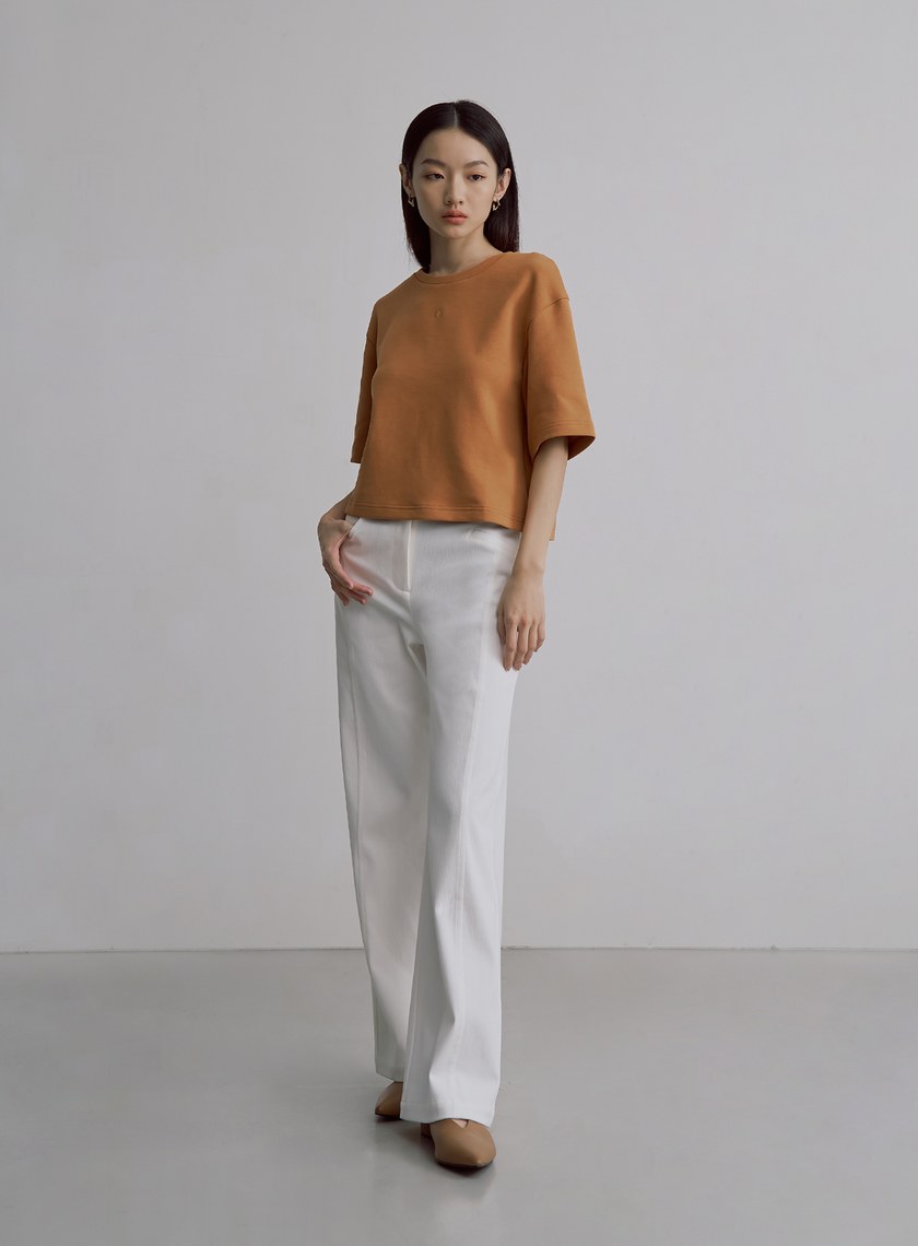 簡約棉質圓領五分袖上衣