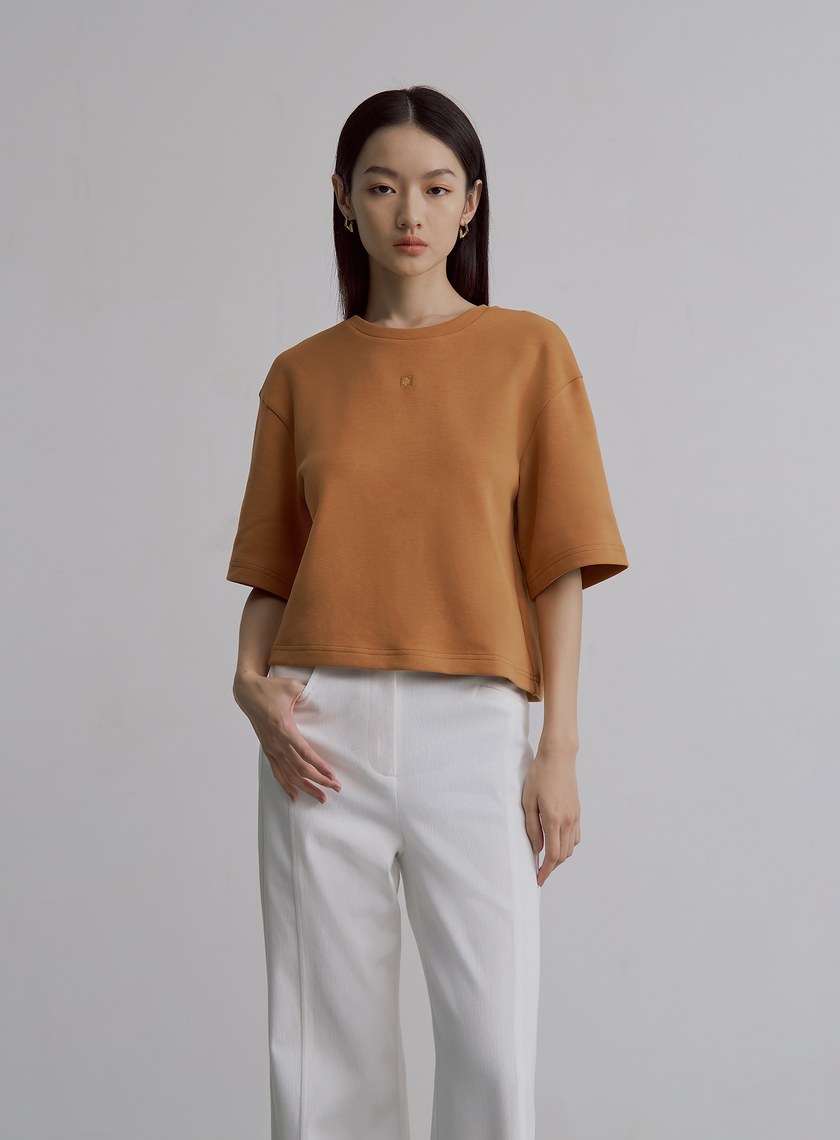 簡約棉質圓領五分袖上衣