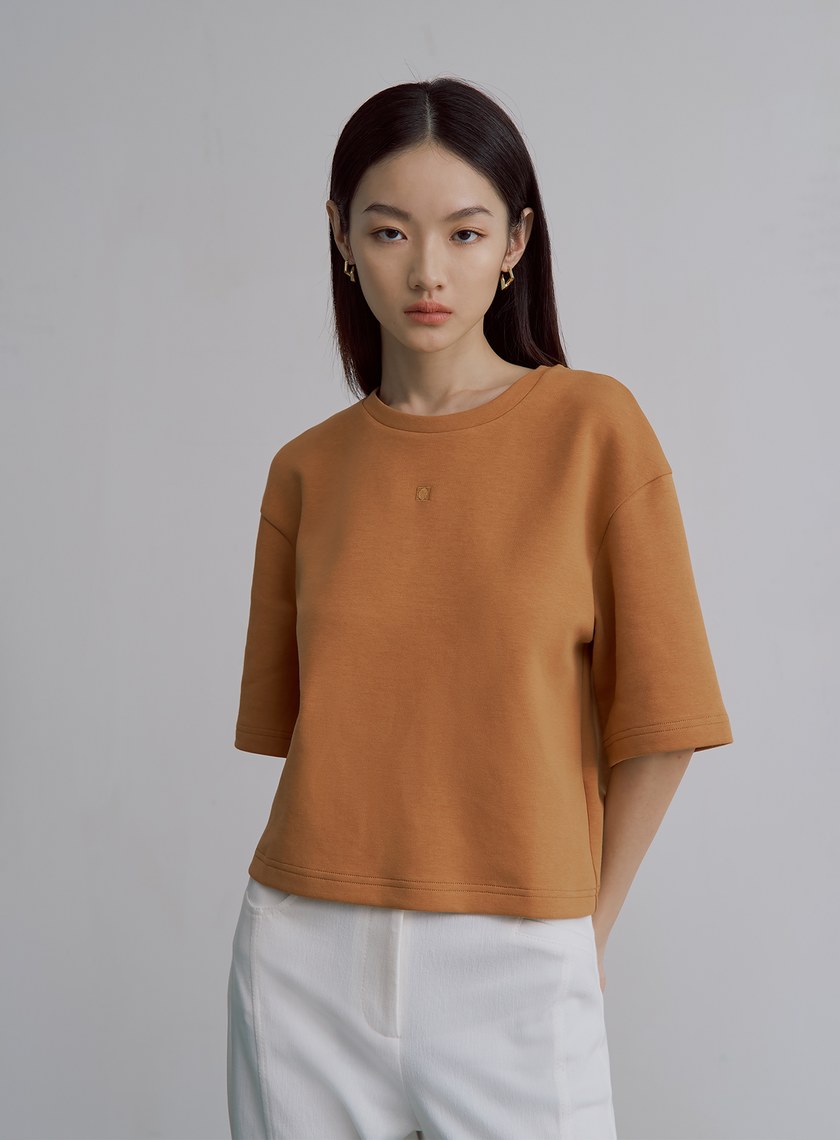 簡約棉質圓領五分袖上衣