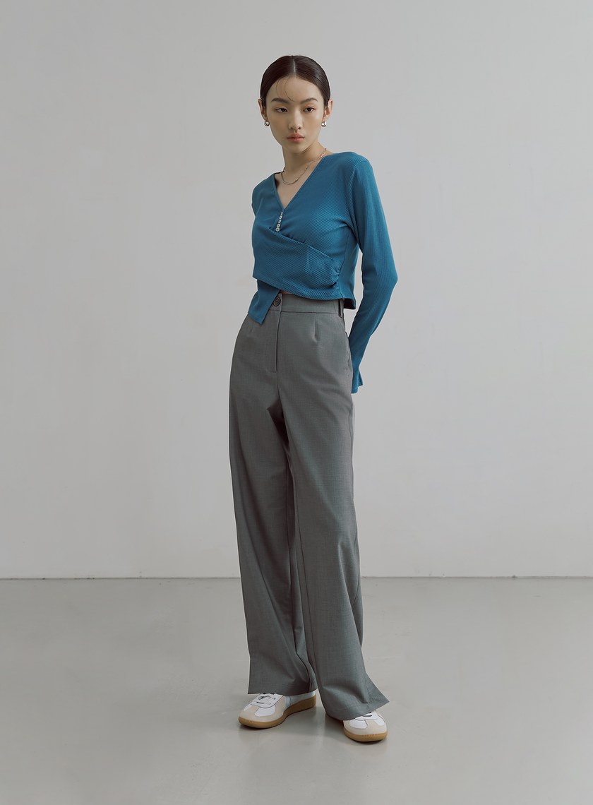 V領交叉收腰坑條長袖上衣