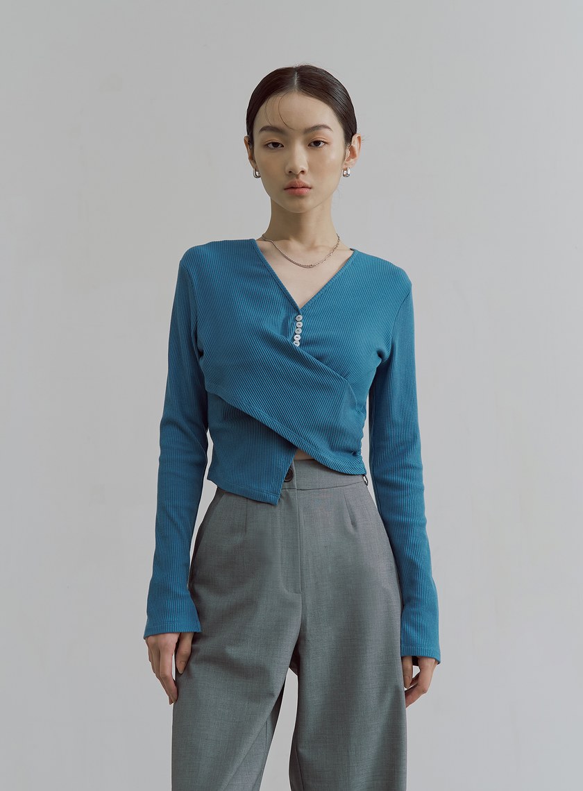 V領交叉收腰坑條長袖上衣