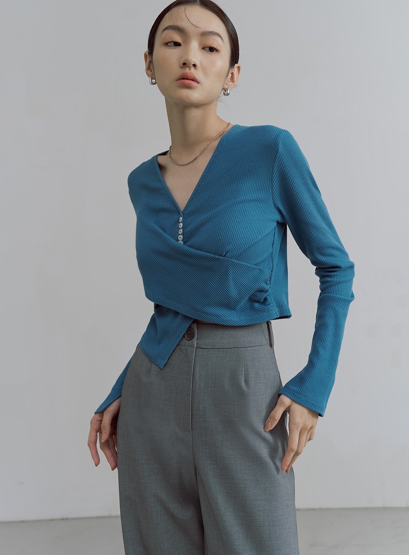 V領交叉收腰坑條長袖上衣