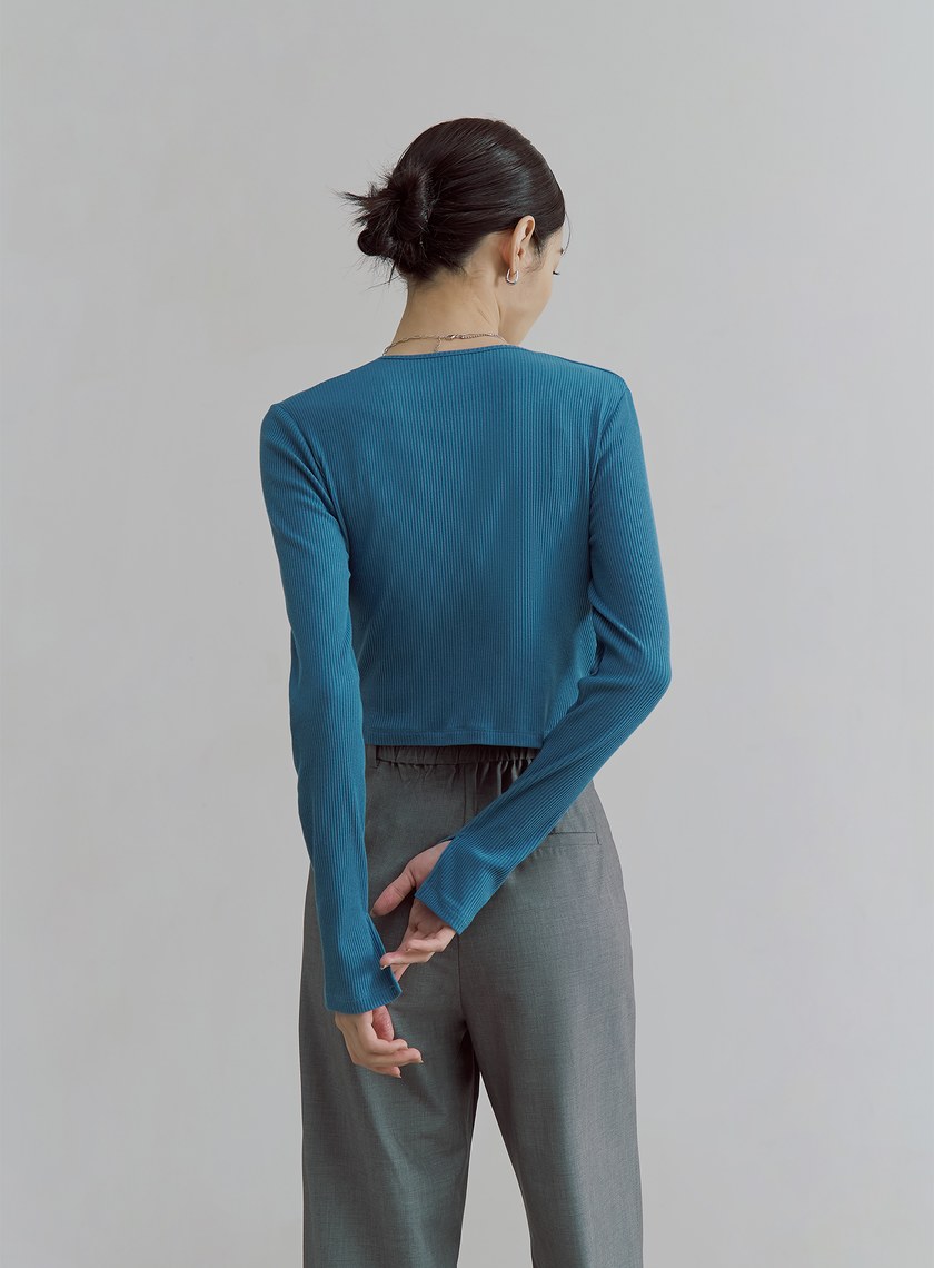 V領交叉收腰坑條長袖上衣