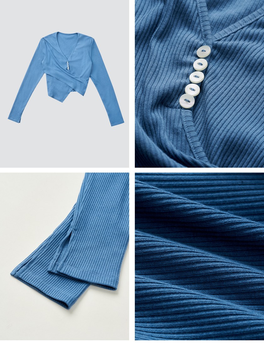 V領交叉收腰坑條長袖上衣