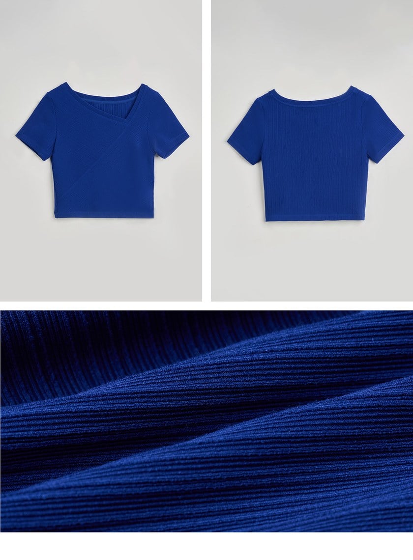 修身斜領細坑條短袖上衣