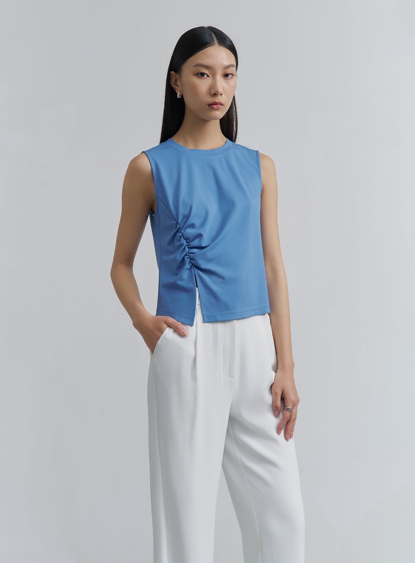 百搭抽褶開衩無袖上衣