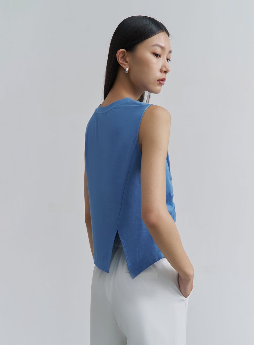 百搭抽褶開衩無袖上衣