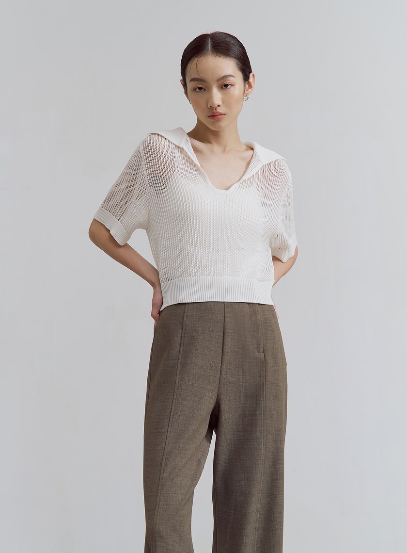 POLO領鏤空針織短袖上衣