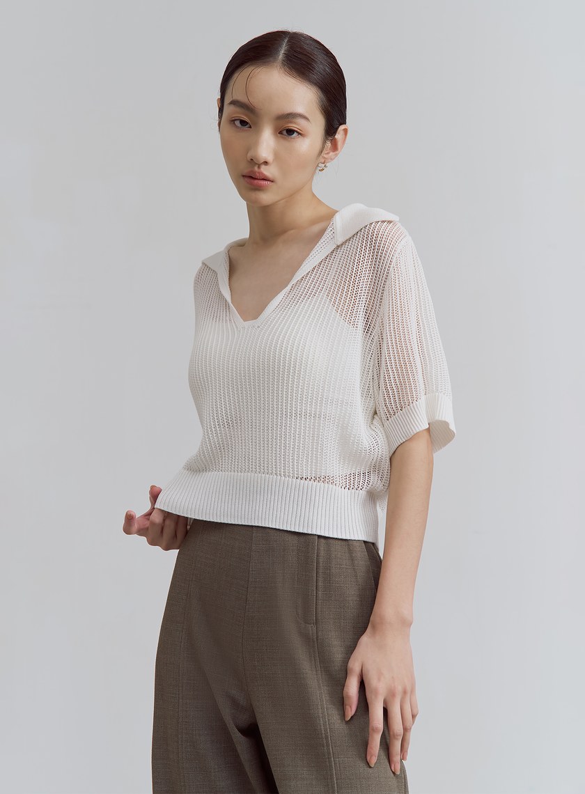 POLO領鏤空針織短袖上衣