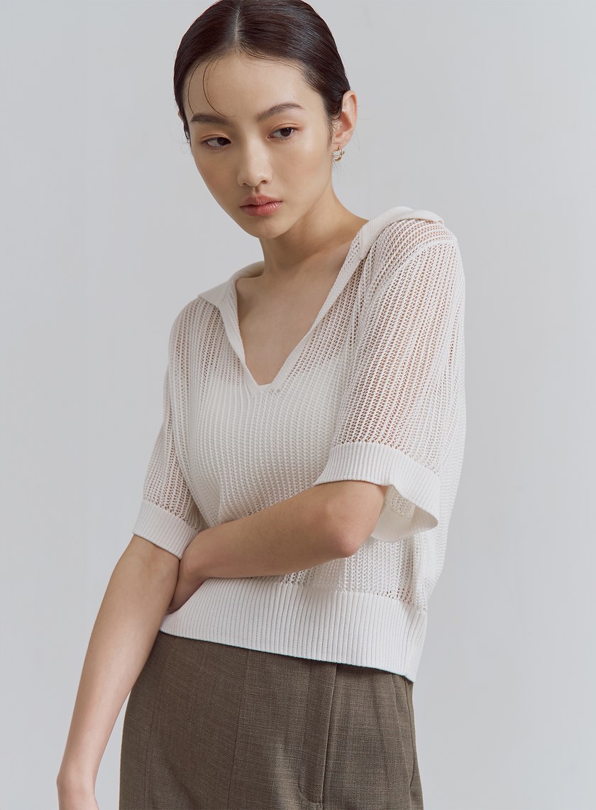 POLO領鏤空針織短袖上衣