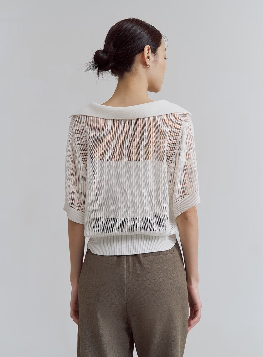 POLO領鏤空針織短袖上衣