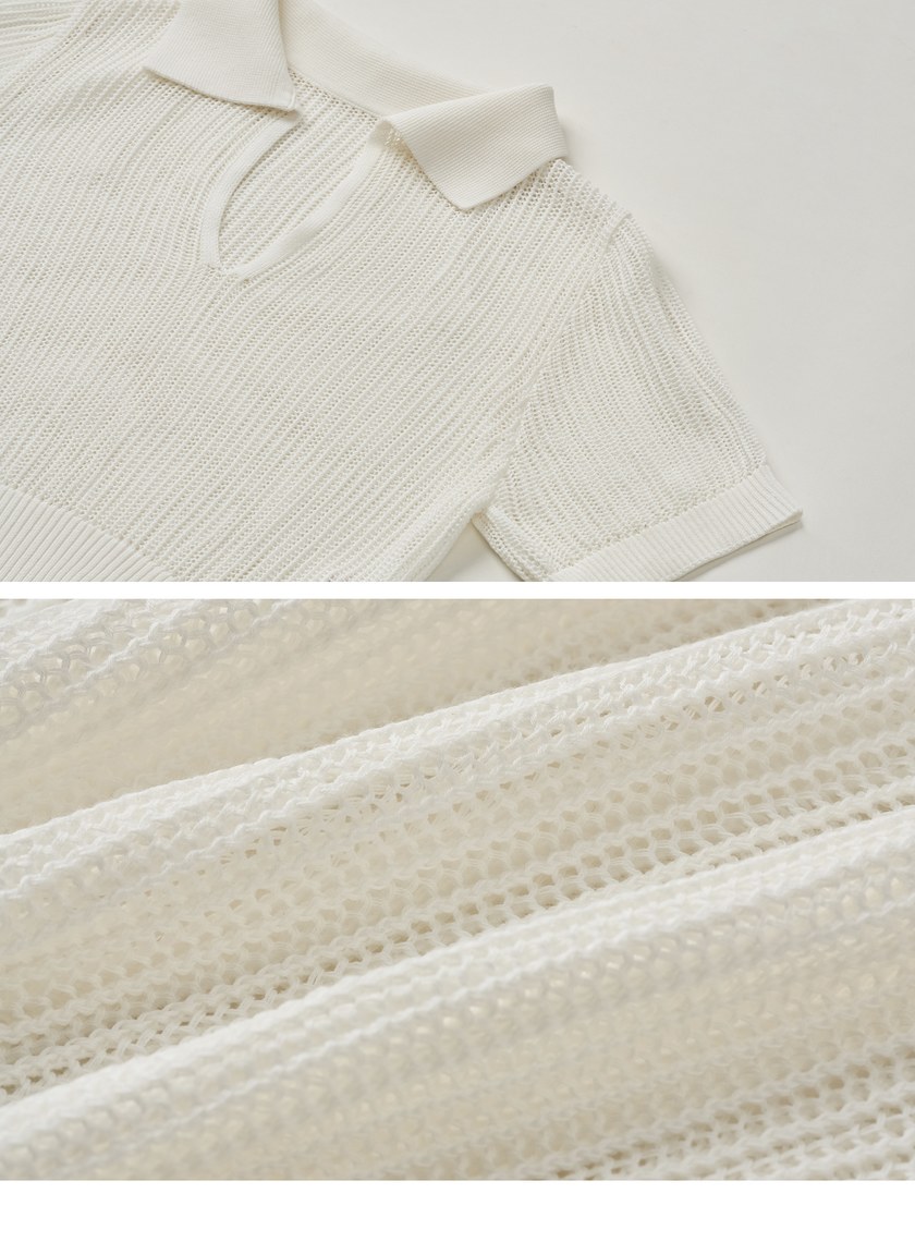 POLO領鏤空針織短袖上衣