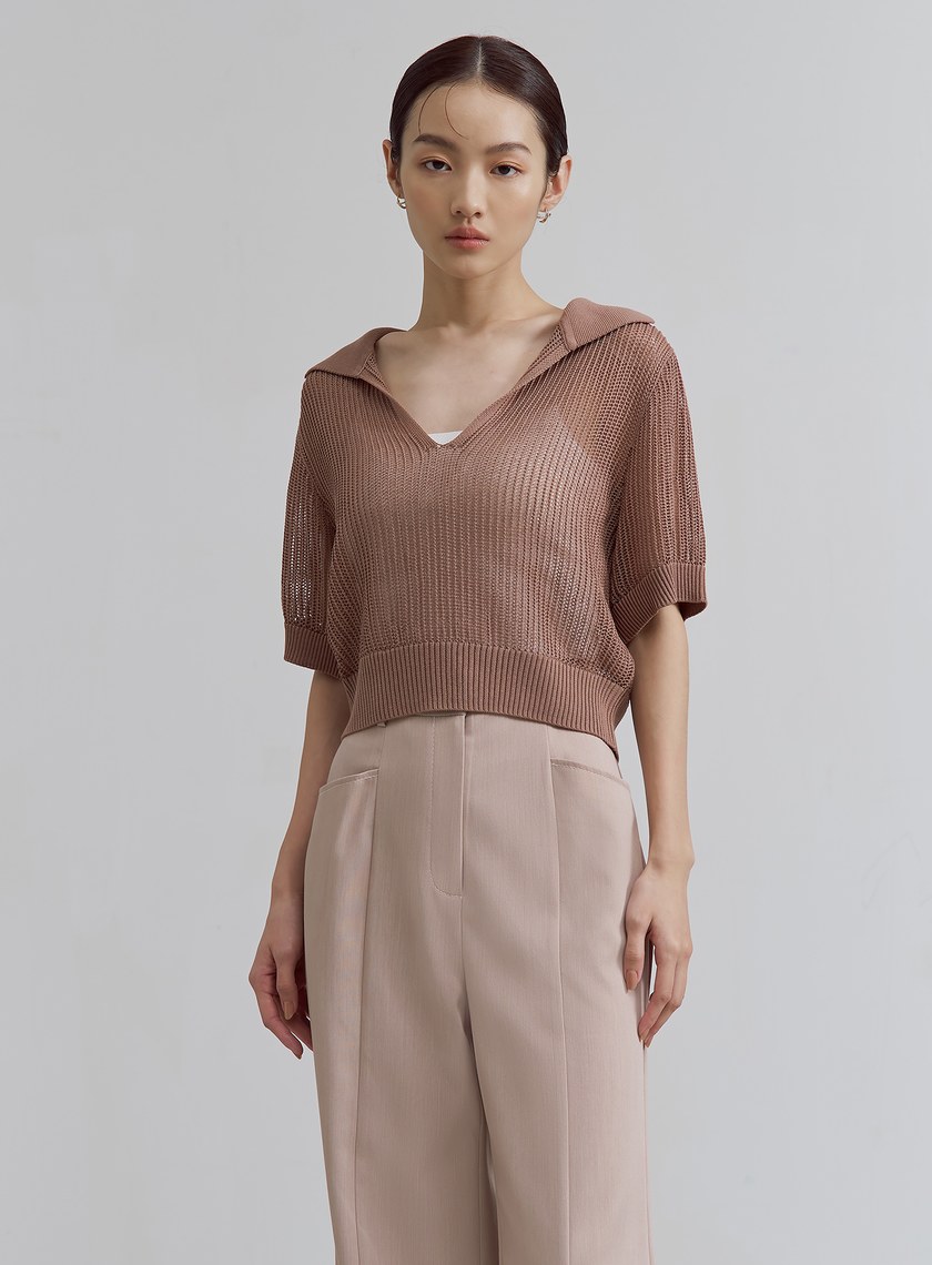 POLO領鏤空針織短袖上衣