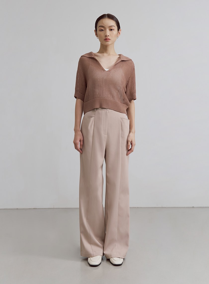 POLO領鏤空針織短袖上衣