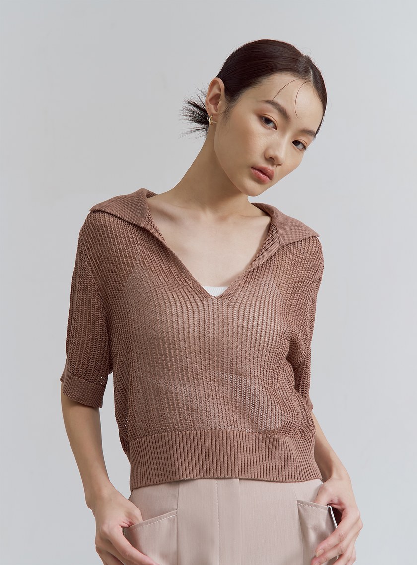 POLO領鏤空針織短袖上衣